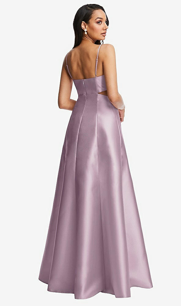 Back View - Suede Rose Open Neckline Cutout Satin Twill A-Line Gown with Pockets