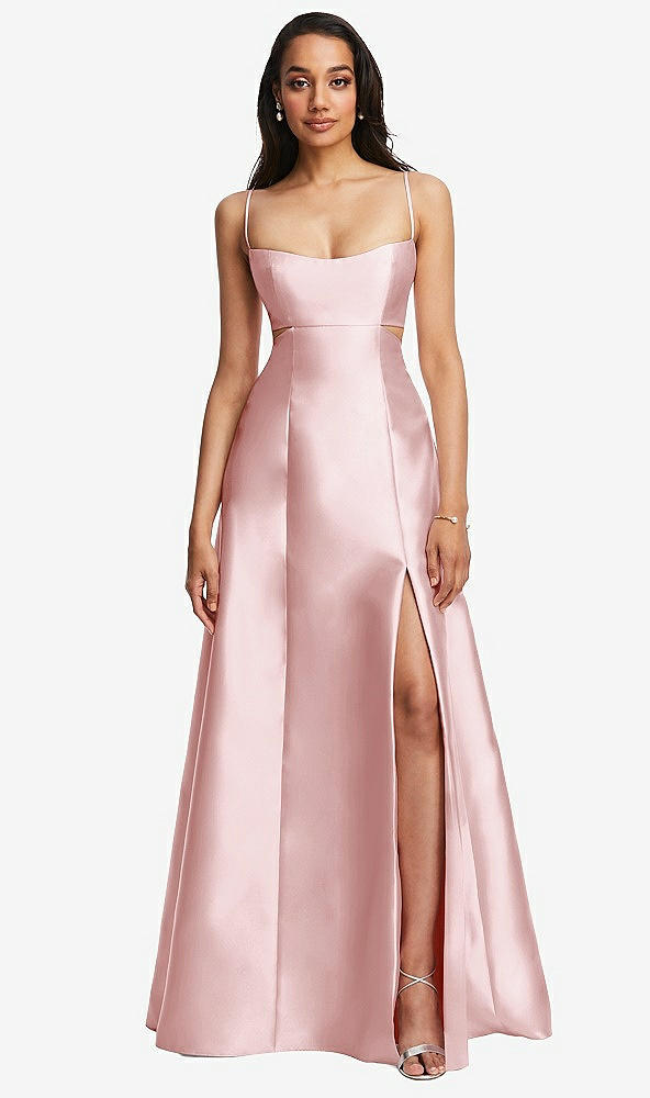 Front View - Ballet Pink Open Neckline Cutout Satin Twill A-Line Gown with Pockets