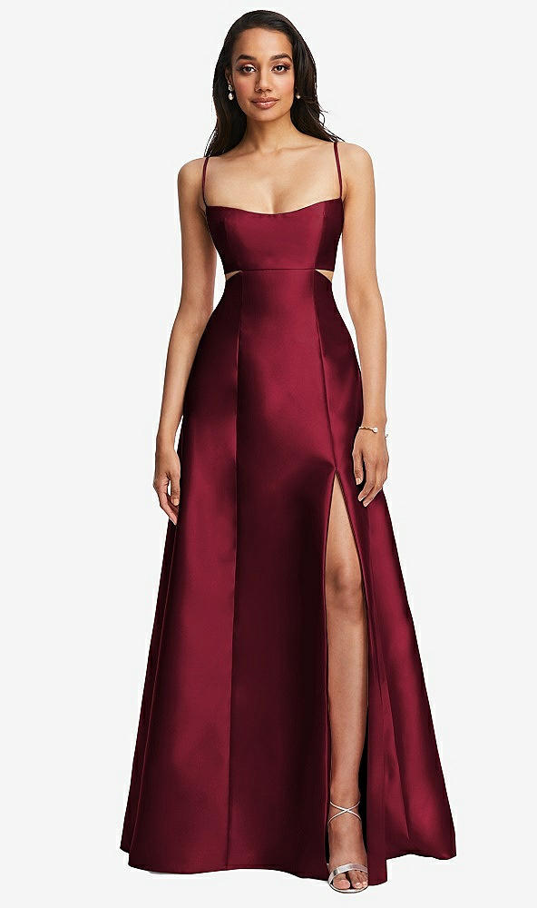 Front View - Burgundy Open Neckline Cutout Satin Twill A-Line Gown with Pockets