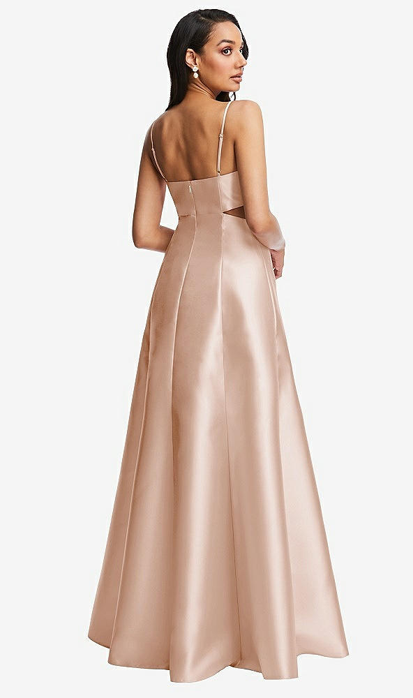 Back View - Cameo Open Neckline Cutout Satin Twill A-Line Gown with Pockets