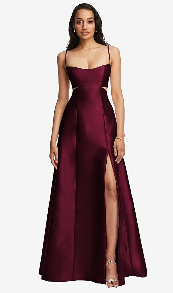 Front View - Cabernet Open Neckline Cutout Satin Twill A-Line Gown with Pockets