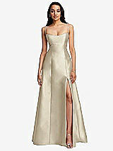 Front View Thumbnail - Champagne Open Neckline Cutout Satin Twill A-Line Gown with Pockets