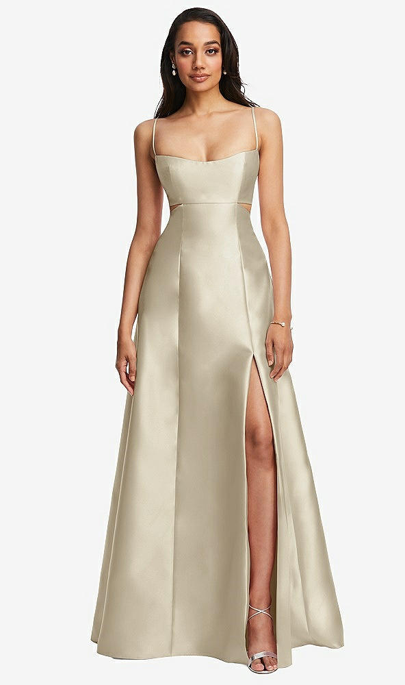 Front View - Champagne Open Neckline Cutout Satin Twill A-Line Gown with Pockets