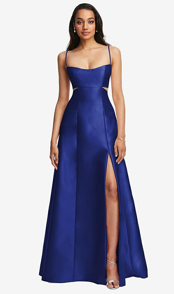 Front View - Cobalt Blue Open Neckline Cutout Satin Twill A-Line Gown with Pockets
