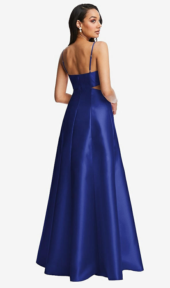 Back View - Cobalt Blue Open Neckline Cutout Satin Twill A-Line Gown with Pockets