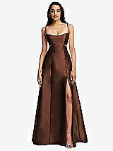 Front View Thumbnail - Cognac Open Neckline Cutout Satin Twill A-Line Gown with Pockets