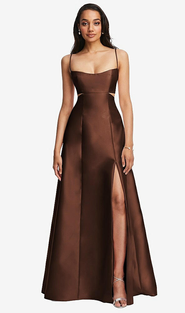 Front View - Cognac Open Neckline Cutout Satin Twill A-Line Gown with Pockets