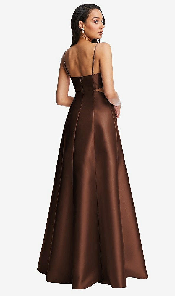 Back View - Cognac Open Neckline Cutout Satin Twill A-Line Gown with Pockets