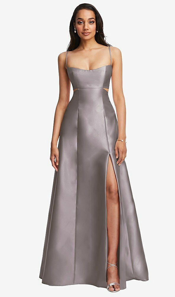 Front View - Cashmere Gray Open Neckline Cutout Satin Twill A-Line Gown with Pockets
