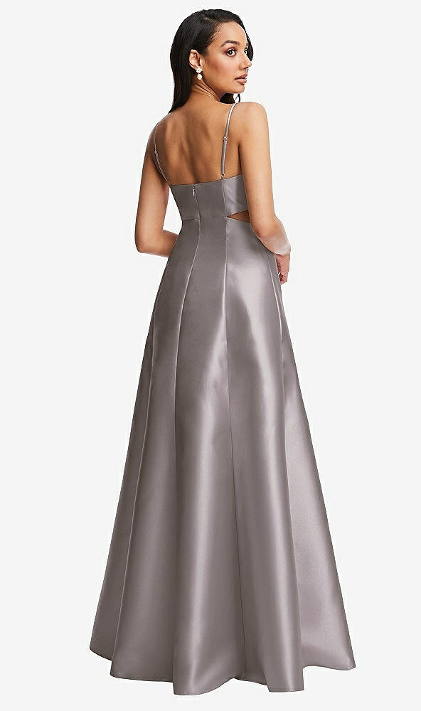 Back View - Cashmere Gray Open Neckline Cutout Satin Twill A-Line Gown with Pockets