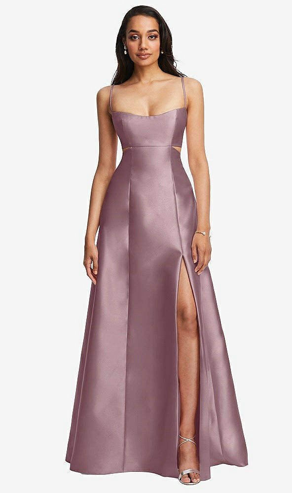 Front View - Dusty Rose Open Neckline Cutout Satin Twill A-Line Gown with Pockets