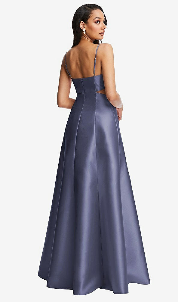 Back View - French Blue Open Neckline Cutout Satin Twill A-Line Gown with Pockets