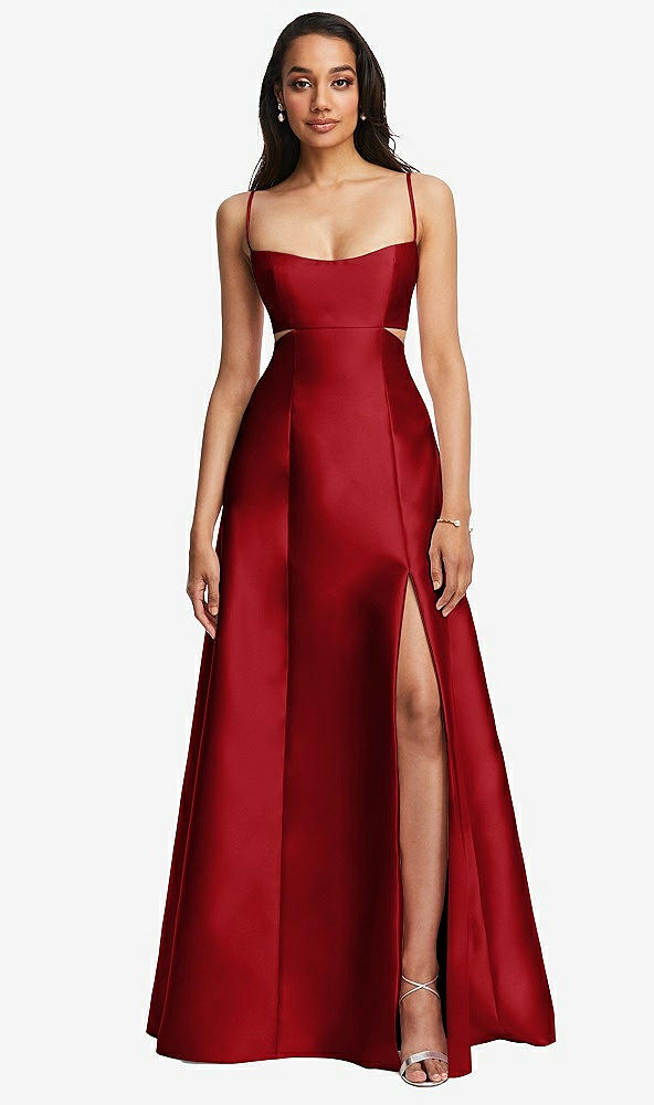 Front View - Garnet Open Neckline Cutout Satin Twill A-Line Gown with Pockets