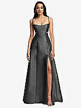 Front View Thumbnail - Gunmetal Open Neckline Cutout Satin Twill A-Line Gown with Pockets