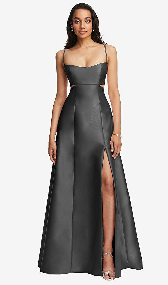 Front View - Gunmetal Open Neckline Cutout Satin Twill A-Line Gown with Pockets