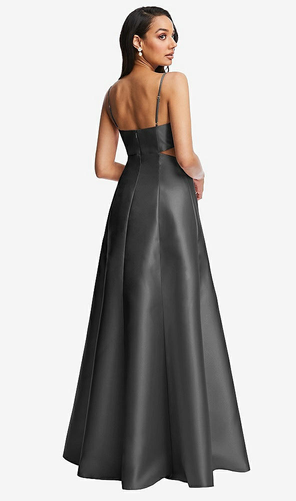 Back View - Gunmetal Open Neckline Cutout Satin Twill A-Line Gown with Pockets