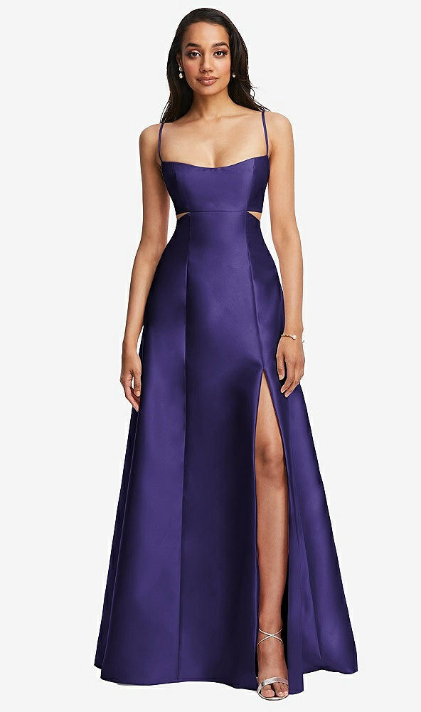 Front View - Grape Open Neckline Cutout Satin Twill A-Line Gown with Pockets