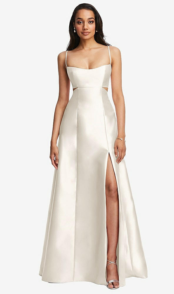 Front View - Ivory Open Neckline Cutout Satin Twill A-Line Gown with Pockets