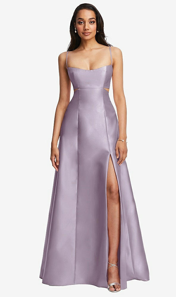 Front View - Lilac Haze Open Neckline Cutout Satin Twill A-Line Gown with Pockets