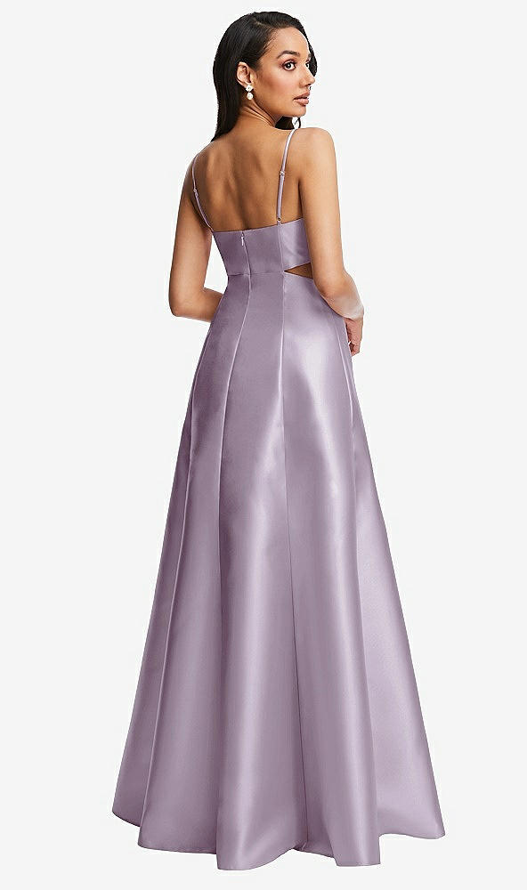 Back View - Lilac Haze Open Neckline Cutout Satin Twill A-Line Gown with Pockets