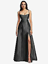 Front View Thumbnail - Pewter Open Neckline Cutout Satin Twill A-Line Gown with Pockets