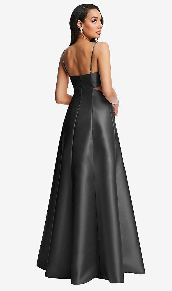 Back View - Pewter Open Neckline Cutout Satin Twill A-Line Gown with Pockets