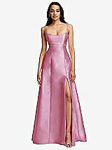 Front View Thumbnail - Powder Pink Open Neckline Cutout Satin Twill A-Line Gown with Pockets