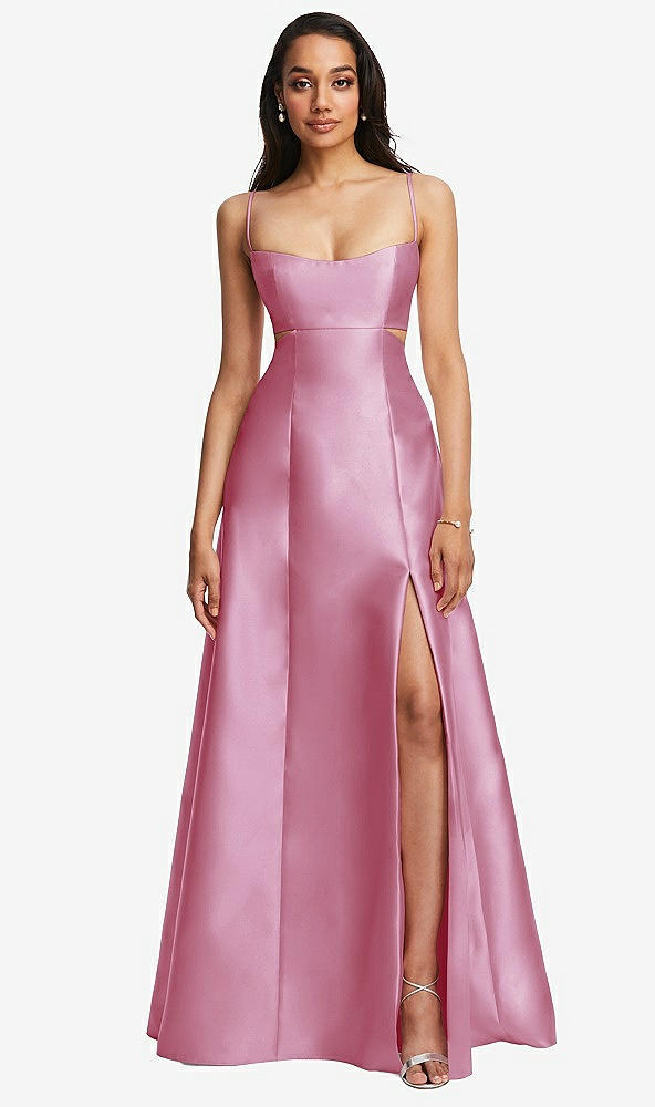 Front View - Powder Pink Open Neckline Cutout Satin Twill A-Line Gown with Pockets