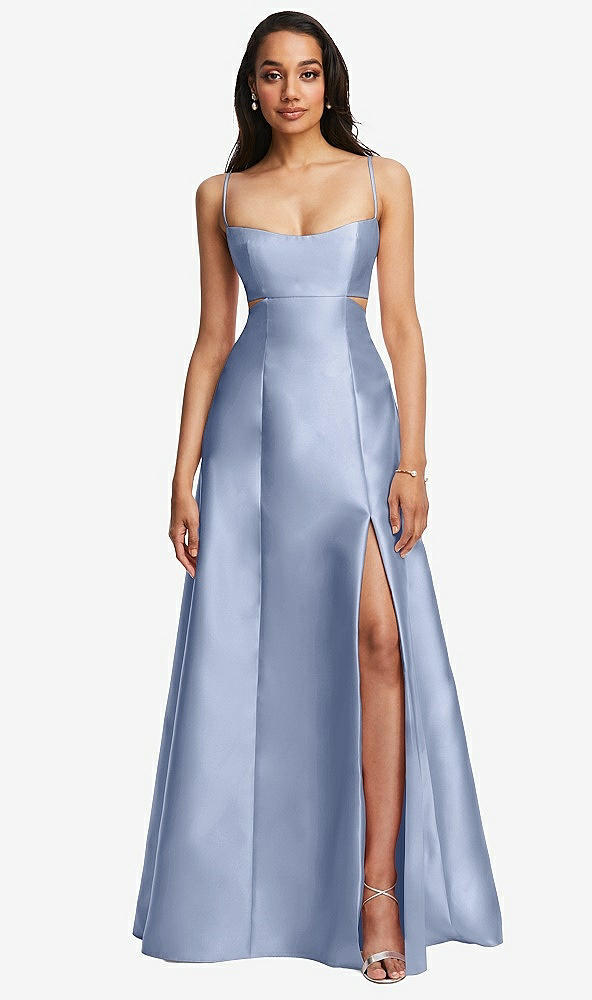 Front View - Sky Blue Open Neckline Cutout Satin Twill A-Line Gown with Pockets