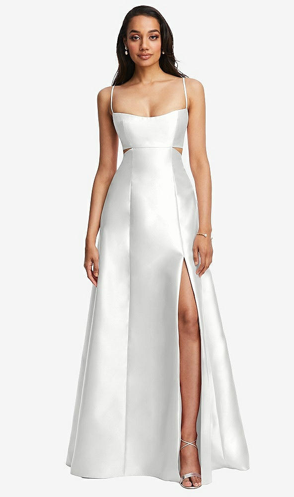 Front View - White Open Neckline Cutout Satin Twill A-Line Gown with Pockets