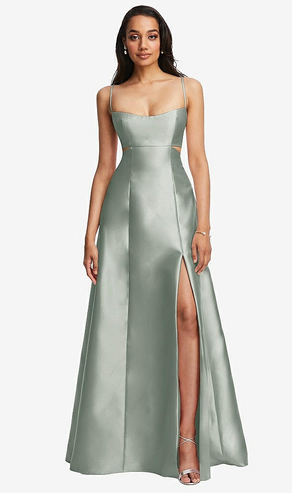 Front View - Willow Green Open Neckline Cutout Satin Twill A-Line Gown with Pockets