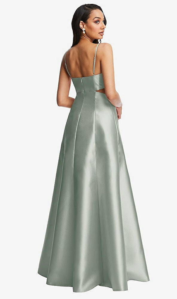 Back View - Willow Green Open Neckline Cutout Satin Twill A-Line Gown with Pockets