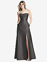 Rear View Thumbnail - Caviar Gray Strapless A-line Satin Gown with Modern Bow Detail