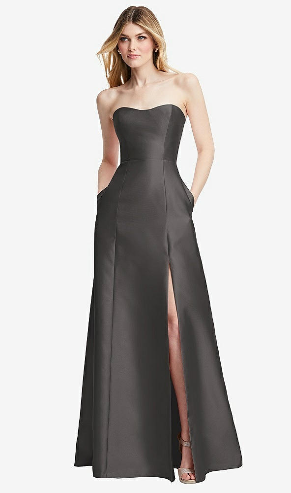 Back View - Caviar Gray Strapless A-line Satin Gown with Modern Bow Detail