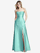 Rear View Thumbnail - Coastal Strapless A-line Satin Gown with Modern Bow Detail