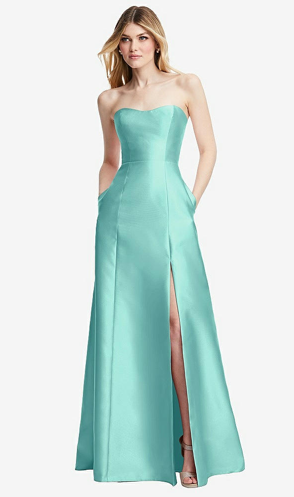 Back View - Coastal Strapless A-line Satin Gown with Modern Bow Detail