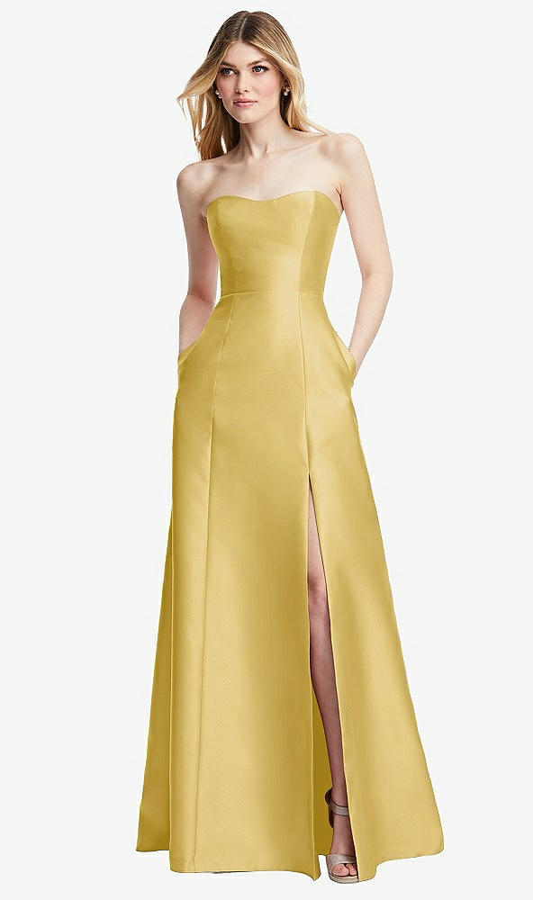 Back View - Maize Strapless A-line Satin Gown with Modern Bow Detail