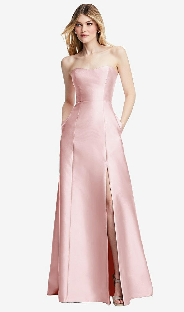 Back View - Ballet Pink Strapless A-line Satin Gown with Modern Bow Detail