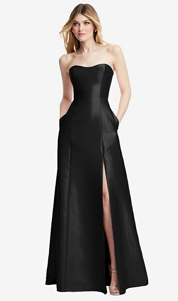 Back View - Black Strapless A-line Satin Gown with Modern Bow Detail