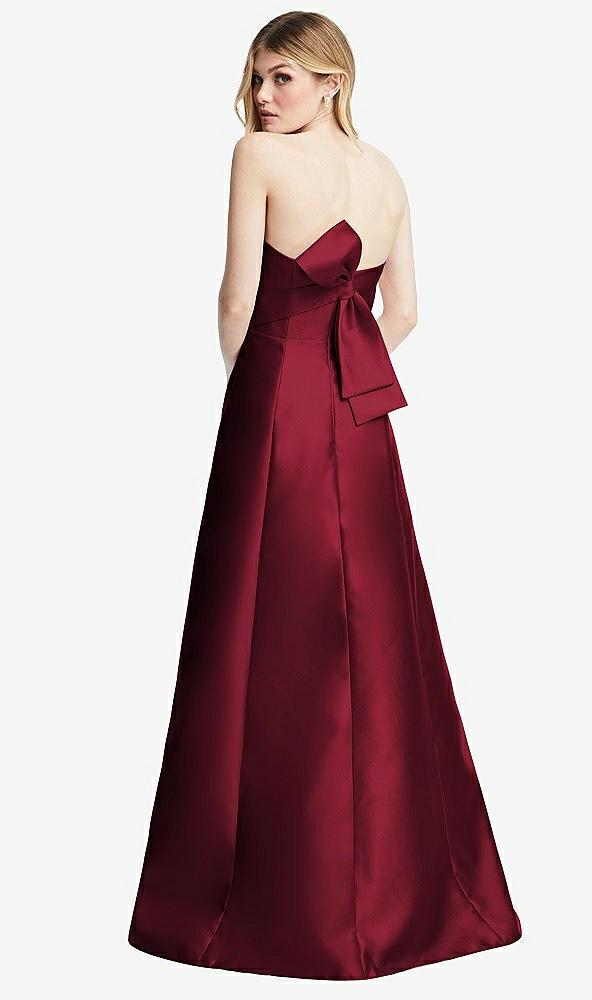 Front View - Burgundy Strapless A-line Satin Gown with Modern Bow Detail