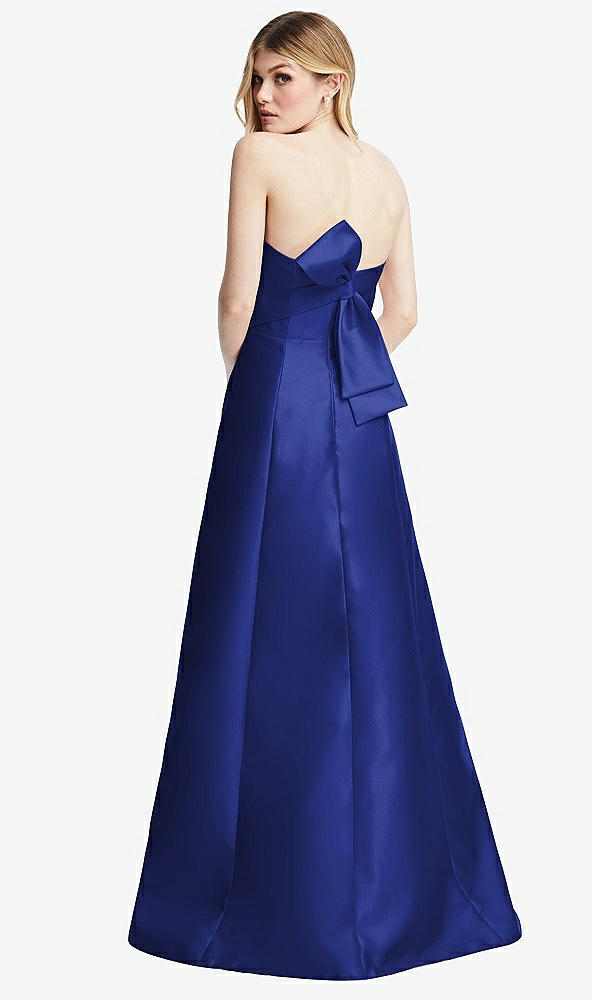 Front View - Cobalt Blue Strapless A-line Satin Gown with Modern Bow Detail