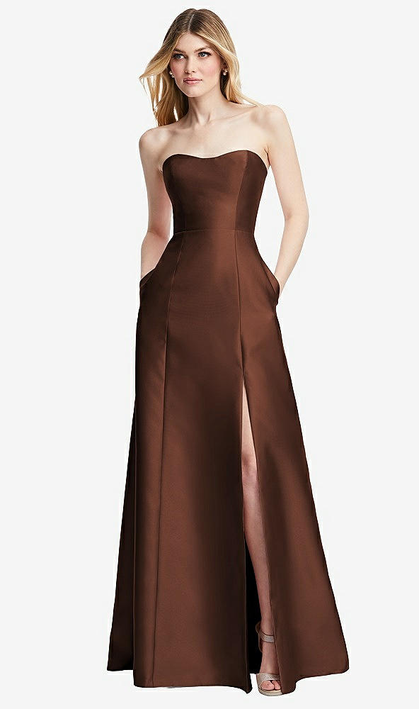 Back View - Cognac Strapless A-line Satin Gown with Modern Bow Detail