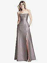 Rear View Thumbnail - Cashmere Gray Strapless A-line Satin Gown with Modern Bow Detail