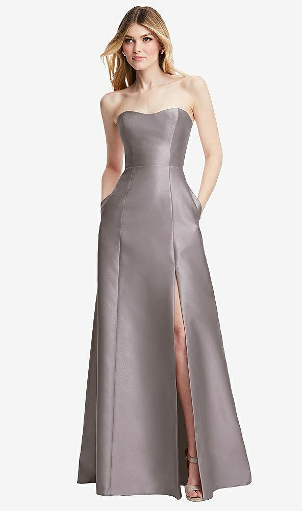 Back View - Cashmere Gray Strapless A-line Satin Gown with Modern Bow Detail