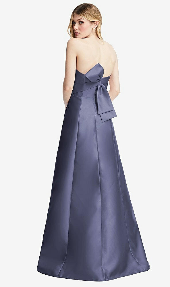 Front View - French Blue Strapless A-line Satin Gown with Modern Bow Detail