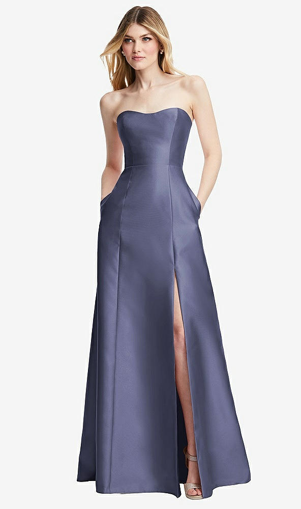 Back View - French Blue Strapless A-line Satin Gown with Modern Bow Detail