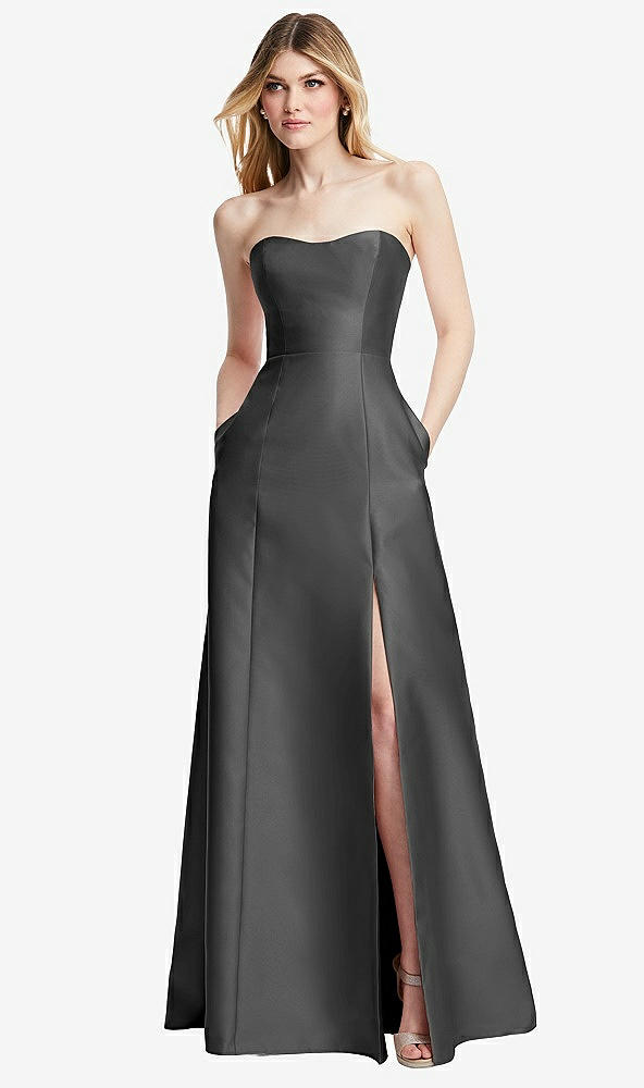 Back View - Gunmetal Strapless A-line Satin Gown with Modern Bow Detail