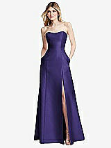 Rear View Thumbnail - Grape Strapless A-line Satin Gown with Modern Bow Detail