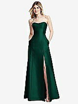 Rear View Thumbnail - Hunter Green Strapless A-line Satin Gown with Modern Bow Detail
