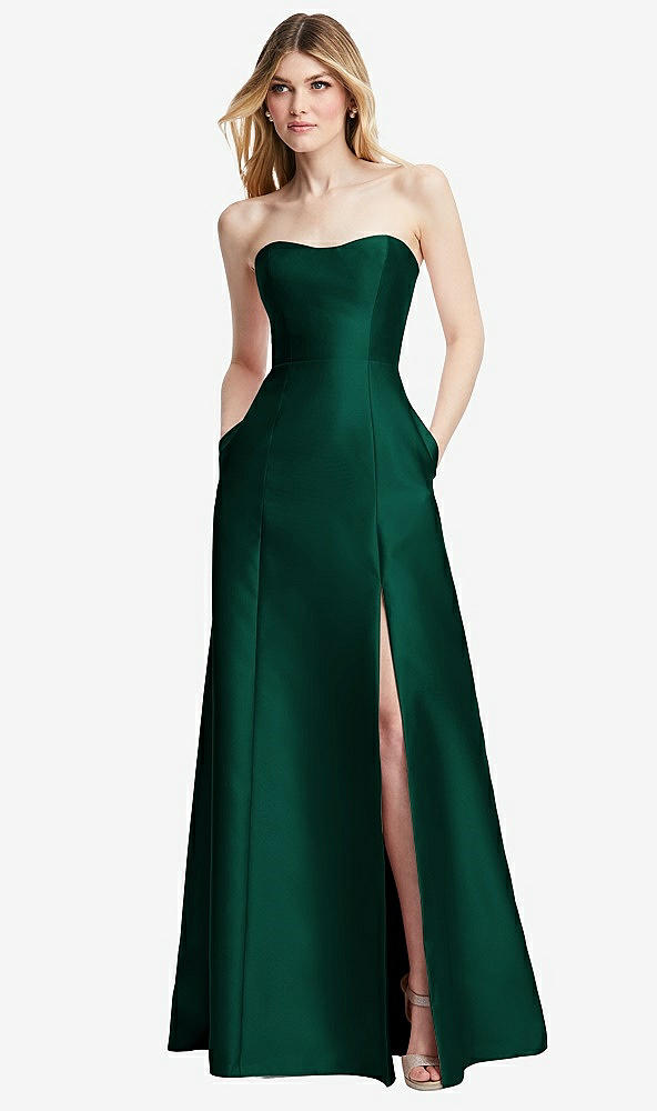 Back View - Hunter Green Strapless A-line Satin Gown with Modern Bow Detail